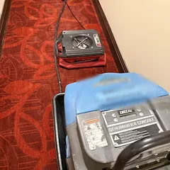 Dehumidifier and air mover drying a carpeted hallway