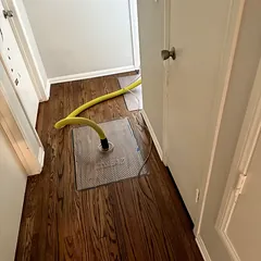Floor drying mat and hose on hardwood flooring in a hallway